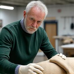 Portrett av Bjørn Halvorsen, produksjonsleder i Fjordgard Atelier, som inspiserer en tekstilprøve.