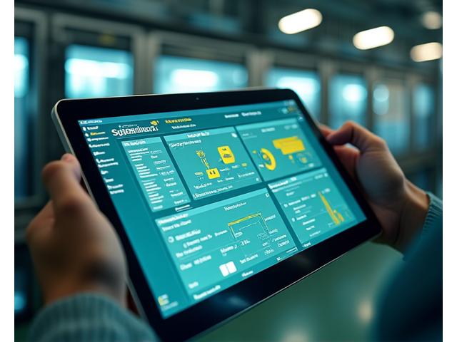 Nærbilde av en tablet-skjerm som viser et live dashboard med grafer og data fra en tekstilproduksjonslinje, med små IoT-sensorer synlige i bakgrunnen.