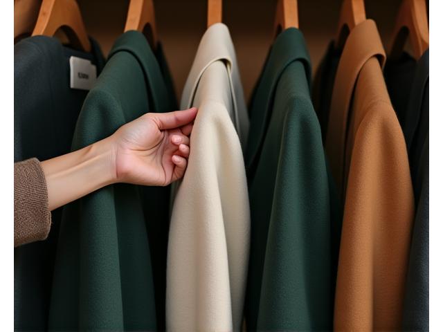 En person som blar gjennom en elegant garderobe, fokus på teksturer og organiserte klær.