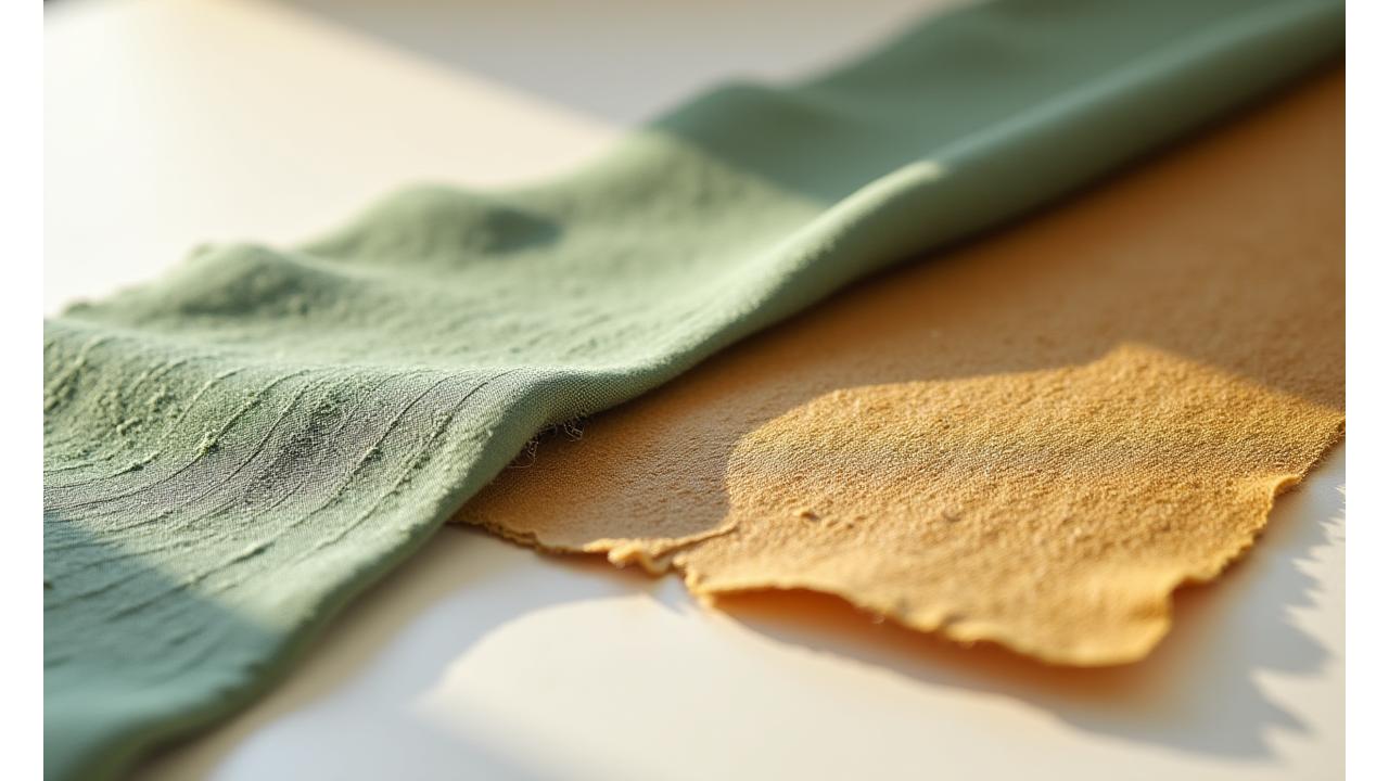 Nærbilde av ulike innovative, bærekraftige materialprøver som algefiber og myceliumlær, pent arrangert for en taktil opplevelse.